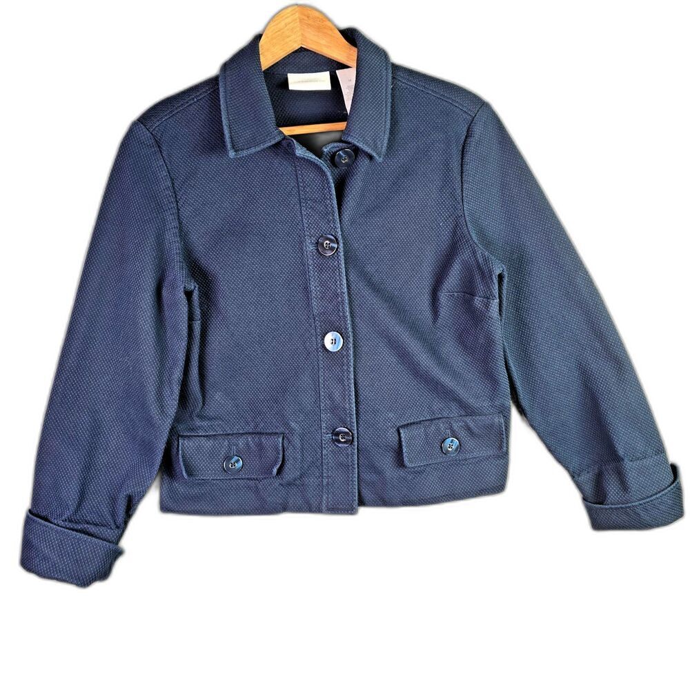 Liz Claiborne Jacket Navy 14 Pique Cotton Back Strap Button Front Preppy